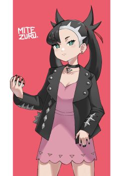 1girl black_collar black_hair black_jacket black_nails closed_mouth collar collarbone commentary dress earrings eyelashes green_eyes hair_ribbon highres holding holding_poke_ball jacket jewelry long_hair long_sleeves marnie_(pokemon) mitezuru nail_polish nintendo open_clothes open_jacket pillarboxed pink_dress poke_ball poke_ball_(basic) pokemon pokemon_sword_and_shield red_ribbon ribbon signature solo twintails