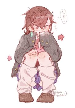 10matomat0 1girl ayase_momo black_jacket blue_skirt bow bowtie brown_eyes brown_hair brown_shoes cosplay crossed_bangs dandadan earrings full_body gakuran hair_between_eyes hand_on_own_knee hand_to_own_mouth jacket jewelry light_blush loose_socks medium_hair pink_sweater red_bow red_bowtie school_uniform shirt shirt_under_sweater shoes skirt socks solo squatting sweater takakura_ken_(dandadan) takakura_ken_(dandadan)_(cosplay) twitter_username white_background white_shirt