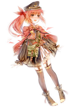 Rule 34 | 1girl, absurdres, argyle clothes, argyle dress, black boots, black dress, black hat, black thighhighs, blush, boots, bow, bowtie, brooch, brown eyes, chinese commentary, cloak, commentary request, dot nose, dress, eyelashes, feather hair ornament, feathers, frilled boots, frilled skirt, frilled sleeves, frills, full body, green vest, hair ornament, hair scrunchie, happy, hat, high heel boots, high heels, highres, jewelry, lace-up boots, long hair, long sleeves, looking ahead, military hat, miniskirt, miracle nikki, muriel miaoke, nikki (series), open mouth, orange hair, peaked cap, pleated skirt, pocket watch, puffy long sleeves, puffy sleeves, red bow, red bowtie, red cloak, red scrunchie, regards from afar (miracle nikki), ribbed thighhighs, scrunchie, short dress, side ponytail, sidelocks, simple background, skirt, skirt under dress, sleeves past wrists, smile, solo, standing, striped clothes, striped skirt, tassel, thighhighs, triangle, vertical-striped clothes, vertical-striped skirt, vertical-striped sleeves, vest, watch, white background, white skirt