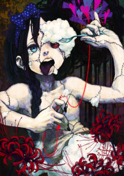 1girl black_hair blue_eyes body_horror braid button_eyes buttons commentary_request flat_chest flower fork heart heterochromia holding holding_fork holding_needle jonpei long_hair needle open_mouth original red_eyes sewing solo spider_lily stitches stuffing thread tongue tongue_out twin_braids