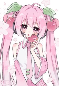 1girl :o ahoge apple artist_name bare_shoulders blush cherry_hair_ornament collared_shirt commentary detached_sleeves food food-themed_hair_ornament fruit hair_intakes hair_ornament hatsune_miku headphones highres holding holding_food holding_fruit long_hair long_sleeves looking_at_viewer necktie open_mouth pink_eyes pink_hair pink_necktie pink_skirt pink_sleeves pleated_skirt sakura_miku shirt simple_background skirt sleeveless sleeveless_shirt solo symbol-only_commentary tie_clip twintails upper_body vocaloid watermark white_background white_shirt wide_sleeves yukomeow