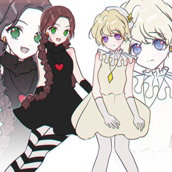 2girls black_dress black_pantyhose blonde_hair blush braid braided_ponytail chocolat_meilleure closed_mouth commentary diamond_(shape) dress earrings gloves green_eyes hat heart_pendant jewelry lan_lan looking_at_viewer multiple_girls multiple_views open_mouth orange_hair pantyhose pointy_ears purple_eyes short_hair simple_background sleeveless sleeveless_dress smile striped_clothes striped_pantyhose sugar_sugar_rune twin_braids vanilla_mieux white_background white_gloves white_hat white_pantyhose yellow_dress