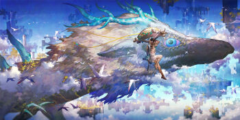1boy archaic_set_(zelda) arrow_(projectile) bird bow_(weapon) claws cloud dragon eastern_dragon floating_island flying highres horns light_dragon_(zelda) link midair nintendo paraglider quiver sandals scorpion5050 shield shield_on_back the_legend_of_zelda the_legend_of_zelda:_tears_of_the_kingdom weapon weapon_on_back