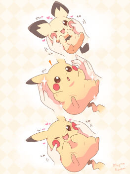 artist_name bright_pupils brown_eyes commentary_request evolution gen_1_pokemon gen_2_pokemon happy heart highres lying mugita_konomi nintendo one_eye_closed open_mouth petting pichu pikachu pokemon pokemon_(creature) smile tail white_pupils