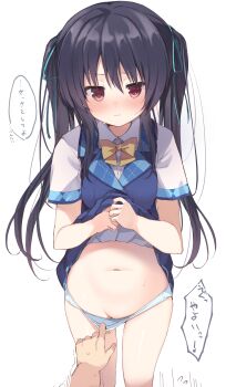 1girl 1other absurdres black_hair blue_skirt blue_vest blush bow bow_panties bowtie choppy_bangs closed_mouth clothes_lift commentary_request cowboy_shot highres lifting_own_clothes long_hair motion_lines navel original out_of_frame panties panty_pull red_eyes school_uniform shirt short_sleeves simple_background skirt skirt_lift solo_focus speech_bubble standing stomach sweat takepoison translation_request underwear vest white_background white_panties white_shirt yellow_bow yellow_bowtie