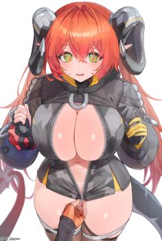 1girl black_dress black_jacket blush breasts brown_thighhighs cleavage curled_horns dress gloves green_eyes highres horns jacket jtveemo large_breasts long_hair long_sleeves looking_at_viewer mechanical_tail navel o-ring open_mouth orphie_magnusson pointy_ears red_hair short_dress solo_focus tail thighhighs thighs twintails unzipping yellow_gloves zenless_zone_zero zipper