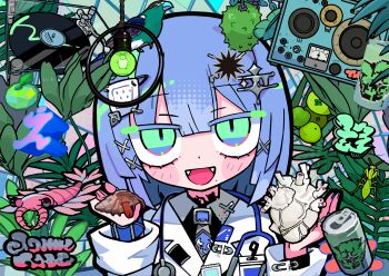 Rule 34 | 1girl, :d, animal, anomalocaris, apple, bird, black shirt, blue hair, blue necktie, blush, blush stickers, bug, can, close-up, collared shirt, dial, dodecagram, dress shirt, drink can, eyepatch, fangs, fern, foliage, food, fruit, gauge, green bird, green eyes, grey necktie, hair between eyes, hair ornament, halftone, heart (organ), hermit crab, highres, holding, holding animal, holding heart (organ), jacket, jitome, lamp, light bulb, looking at viewer, machine, necktie, open mouth, original, persimmon, phonograph, pixelated, praying mantis, prehistoric animal, shirt, short hair, slit pupils, smile, soda can, solo, terada tera, turntable, two-tone necktie, upper body, white jacket, x hair ornament