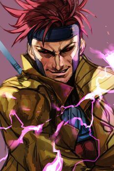 1boy black_sclera bodysuit coat colored_sclera electricity facial_hair gambit helmet hungry_clicker long_sleeves looking_at_viewer male_focus marvel parted_lips purple_background red_eyes red_hair simple_background smile smirk solo staff stubble upper_body x-men