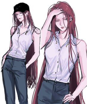 Rule 34 | 1girl, black hat, collared shirt, commentary, denim, eyelashes, glasses, hand on own hip, hat, highres, jeans, kpop demon hunters, long hair, looking to the side, mira (kpop demon hunters), multiple views, ogai, pants, red hair, shirt, simple background, sleeveless, sleeveless shirt, smile, very long hair, white background, white shirt