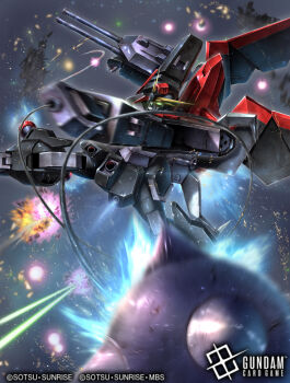 arm_mounted_weapon ball_and_chain_(weapon) card_(medium) copyright_logo copyright_name copyright_notice gundam gundam_card_game gundam_seed logo mecha mobile_suit no_humans official_art raider_gundam robot soezy spike_ball v-fin weapon