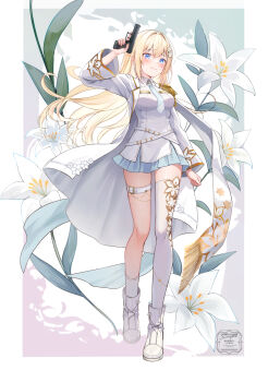 1girl akasaka_asa blonde_hair blue_eyes blue_necktie boots breasts coat collared_shirt commentary_request floral_print floral_print_thighhighs flower full_body gold_trim gun hair_flower hair_ornament handgun highres holding holding_gun holding_weapon indie_virtual_youtuber karakuri_emily long_hair long_sleeves looking_at_viewer medium_breasts necktie open_clothes open_coat shirt single_thighhigh smile socks solo standing thigh_strap thighhighs virtual_youtuber watermark weapon white_boots white_coat white_flower white_shirt white_socks white_thighhighs