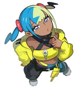 1girl bandeau belt black_belt blue_eyes canari_(pokemon) closed_mouth commentary_request eyelashes from_above grey_shoes highres jacket laaaw444 legs_apart long_sleeves looking_up mask mask_pull mouth_mask multicolored_hair nail_polish nintendo open_clothes open_jacket pants pokemon pokemon_legends:_z-a shoes solo standing twintails yellow_bandeau yellow_jacket zipper zipper_pull_tab