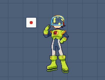 1boy animated animated_gif armor black_bodysuit bodysuit dice double_soul_(mega_man) erection flaccid green_armor male_focus mega_man_(series) mega_man_battle_network_(series) megaman.exe numberman.exe penis penis_growth pixel_art solo tango_dream upper_body