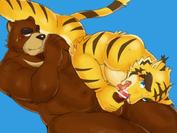 2boys 69 animal_ears ass bara bear_boy bear_ears biceps blue_background blush brown_fur censored closed_mouth commentary_request erection fellatio foreskin furry furry_male gegegenomin juuichi_mikazuki looking_at_another male_focus morenatsu multiple_boys muscular muscular_male open_mouth oral pectorals penis sex sweatdrop tail testicles tiger_boy tiger_ears tiger_stripes tiger_tail torahiko_oshima yaoi yellow_fur