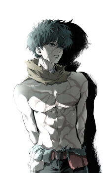 1boy arms_behind_back boku_no_hero_academia freckles green_hair highres kingxxxx715 male_focus midoriya_izuku short_hair solo toned toned_male topless_male upper_body white_background