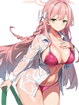 1girl ahoge bikini blue_archive blush bow braid breasts closed_mouth commentary_request covered_erect_nipples double-parted_bangs dress_shirt green_eyes hair_bow halo halterneck hanako_(blue_archive) hanako_(swimsuit)_(blue_archive) hand_on_own_chest highres holding holding_hose hose large_breasts leaning_forward linea_alba long_hair long_sleeves looking_at_viewer navel no_pants official_alternate_costume open_clothes open_shirt pink_bikini pink_hair pink_halo see-through_clothes see-through_shirt shirt side_braid single_braid smile solo stomach string_bikini swimsuit unbuttoned very_long_hair wet wet_clothes wet_shirt white_bow white_shirt yakkom