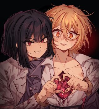 2girls absurdres black_background black_hair blonde_hair blood blood_on_clothes blush cheromo159 coat collared_shirt commentary don_quixote_(project_moon) english_commentary grey_jacket grin guro hair_between_eyes heart heart_(organ) heart_hands highres hug hug_from_behind jacket lapels limbus_company long_sleeves looking_at_viewer multiple_girls nervous_smile open_mouth orange_eyes organs project_moon r.b._(identity)_(project_moon) redrawn ryoshu_(project_moon) shirt short_hair smile sweat upper_body veins white_coat white_shirt wide-eyed