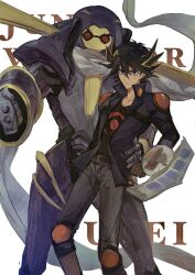 Rule 34 | 1boy, bad id, bad lofter id, black hair, black shirt, blue eyes, blue jacket, boots, brown footwear, brown gloves, character name, clenched hand, cowboy shot, duel disk, duel monster, facial mark, facial tattoo, fudo yusei, gloves, grey pants, hand up, high collar, highres, jacket, junk warrior, knee boots, knee pads, leather belt, looking at viewer, male focus, multicolored hair, naoki (2rzmcaizerails6), open clothes, open jacket, pants, red eyes, robot, scarf, serious, shirt, short hair, shoulder pads, spiked hair, streaked hair, tattoo, upper body, white background, white scarf, yu-gi-oh!, yu-gi-oh! 5d&#039;s