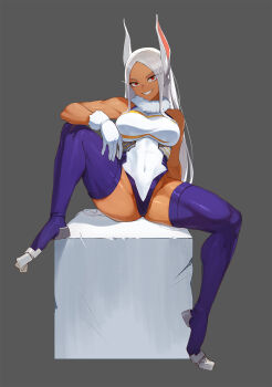 1girl animal_ears arm_on_knee boku_no_hero_academia box breasts dark-skinned_female dark_skin full_body gloves grin heattech_leotard highres jason_kim knee_up large_breasts leotard long_hair looking_at_viewer mirko muscular muscular_female on_box rabbit_ears rabbit_girl red_eyes sitting sitting_on_box smile solo teeth thighhighs thighs turtleneck white_gloves white_hair white_leotard