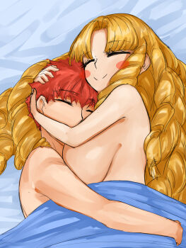 1boy 1girl ^_^ absurdres aftersex bed blanket blonde_hair blush breasts closed_eyes commentary cuddling curly_hair drill_hair emiya_shirou english_commentary fate/hollow_ataraxia fate/stay_night fate_(series) hand_on_another's_head hetero highres hug large_breasts long_hair luviagelita_edelfelt nude orange_hair red_hair short_hair sleeping smile steamingtofu