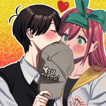 1boy 1girl antenna_hair aubrey_(faraway)_(omori) aubrey_(omori) black_hair black_shirt black_sweater_vest blush bow_hairband closed_eyes collarbone commentary_request double-parted_bangs fingernails green_eyes green_hairband hair_between_eyes hairband hand_up hat heart hetero highres holding holding_unworn_clothes holding_unworn_hat implied_kiss jacket kiss kissing_cheek long_hair looking_at_another omori open_clothes open_jacket outline pink_hair portrait profile red_background sailor_collar shirt short_hair short_sleeves shousan_(hno3syo) simple_background straight_hair sunny_(omori) surprised sweater_vest tareme unworn_hat unworn_headwear white_jacket white_outline white_shirt wide-eyed yellow_background yellow_sailor_collar