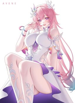 1girl aqua_hair avene_chan bare_shoulders breasts commentary cyrene_(honkai:_star_rail) cyrene_(ripples_of_past_reverie)_(honkai:_star_rail) diamond-shaped_pupils diamond_(shape) dress flower hair_flower hair_ornament highres honkai:_star_rail honkai_(series) large_breasts long_hair looking_at_viewer multicolored_hair open_mouth pink_hair purple_eyes simple_background smile solo symbol-shaped_pupils thighs two-tone_hair very_long_hair white_background white_dress