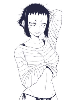 1girl bikini bikini_under_clothes commentary greyscale monochrome natsumi_chorisuke navel original short_hair simple_background solo swimsuit white_background