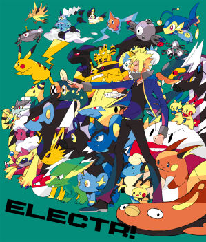 1boy :3 ampharos black_pants black_shoes blitzle blonde_hair blue_eyes blue_jacket blue_shirt bright_pupils chinchou closed_mouth collarbone colored_sclera commentary_request crossed_arms eelektrik eelektross electabuzz electivire electrike electrode_(pokemon) elekid emolga fangs flaaffy floating flying galvantula gen_1_pokemon gen_2_pokemon gen_3_pokemon gen_4_pokemon gen_5_pokemon green_background grin highres horns iroiro_(hairoo) jacket jolteon joltik lanturn legendary_pokemon long_sleeves luxio luxray magnemite magnet magneton magnezone manectric mareep minun nintendo nostrils on_head on_shoulder one-eyed open_clothes open_jacket outstretched_arm pachirisu pants pichu pikachu plusle pokemon pokemon_(creature) pokemon_dppt pokemon_on_head pokemon_on_shoulder raichu raikou red_eyes red_sclera rotom rotom_(normal) screw shinx shirt shoes short_hair simple_background single_horn smile spiked_hair standing stunfisk teeth thundurus thundurus_(incarnate) tynamo volkner_(pokemon) voltorb white_pupils yellow_eyes yellow_pupils yellow_sclera zapdos zebstrika zekrom