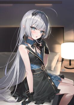 1girl absurdres ahoge black_dress black_gloves breasts dress fang female_tyrant_(stella_sora) gloves grey_hair hairband hand_up highres indoors long_hair looking_at_viewer on_bed parted_lips pepperdevil pillow pointy_ears sitting sleeveless small_breasts solo stella_sora tyrant_(stella_sora) very_long_hair