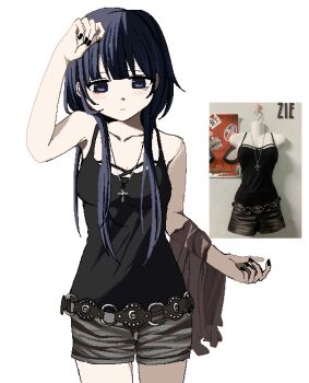 1girl 2000s_(style) arm_up belt black_nails black_tank_top blunt_bangs breasts character_request closed_mouth collarbone copyright_request cowboy_shot cross cross_necklace expressionless goth_fashion grey_shorts highres jewelry long_sidelocks necklace photo_inset pixel_art purple_eyes purple_hair reference_inset shorts sidelocks solo standing tank_top uuuuua07 white_background