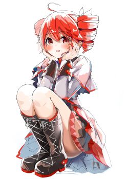 Rule 34 | 1girl, absurdres, ahoge, black boots, blush, boots, bow, drill hair, full body, grey jacket, grey skirt, hair between eyes, hair bow, hair ribbon, hands on own cheeks, hands on own face, highres, jacket, kasane teto, kasane teto (sv), kneehighs, lace-up boots, layered skirt, layered sleeves, looking at viewer, mp777b, open mouth, platform boots, red eyes, red skirt, red socks, ribbon, simple background, skirt, socks, solo, squatting, synthesizer v, twin drills, utau, white background, white bow, white ribbon