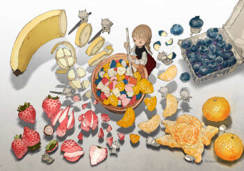 1girl artist_name banana blueberry braid braided_ponytail commentary demizu_posuka food fruit holding holding_knife holding_spoon knife long_hair mask mouth_mask orange_(fruit) orange_slice original spoon strawberry