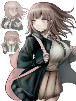 1girl animal_bag breasts brown_hair brown_skirt cat_bag collared_shirt danganronpa_(series) danganronpa_2:_goodbye_despair flipped_hair hair_ornament highres ikemen'na_ore-shi jacket long_sleeves medium_hair multiple_views nanami_chiaki neck_ribbon open_clothes open_jacket pink_bag pink_eyes pink_ribbon pleated_skirt ribbon shirt skirt thighhighs two-tone_shirt white_shirt