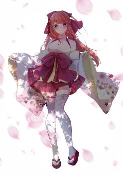 1girl absurdres blue_eyes blush bow breasts cherry_blossoms detached_sleeves full_body hair_bow highres japanese_clothes long_hair looking_at_viewer petals rain_re_a re:zero_kara_hajimeru_isekai_seikatsu red_bow red_hair red_skirt sandals skirt smile solo theresia_van_astrea thighhighs virtual_youtuber white_background white_thighhighs wide_sleeves zettai_ryouiki