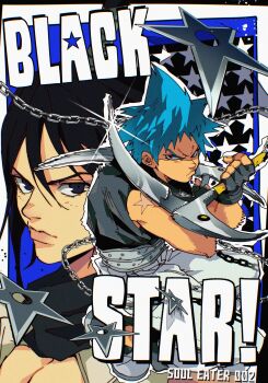 1boy 1girl absurdres black_hair black_star blue_hair character_name gangsta_hold highres holding holding_scythe isaacchief300 kusarigama nakatsukasa_tsubaki scythe sickle soul_eater spiked_hair star_(symbol) star_tattoo striped_hair tattoo weapon
