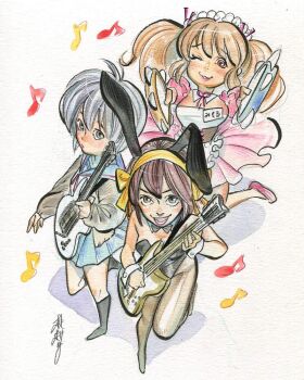 Rule 34 | 3girls, animal ears, apron, artist name, asahina mikuru, black pantyhose, black socks, blue sailor collar, blue skirt, breasts, brown eyes, brown hair, cleavage, dress, electric guitar, guitar, hair ribbon, hairband, highres, holding, holding guitar, holding instrument, instrument, kita high school uniform, kneehighs, large breasts, maid, maid apron, medium breasts, medium hair, multiple girls, musical note, nagato yuki, neck ribbon, official alternate costume, pantyhose, peach momoko, pink skirt, playboy bunny, puffy short sleeves, puffy sleeves, purple hair, rabbit ears, red ribbon, ribbon, sailor collar, school uniform, short hair, short sleeves, signature, skirt, socks, suzumiya haruhi, suzumiya haruhi no yuuutsu, tambourine, traditional media, twintails, winter uniform, wrist cuffs, yellow hairband