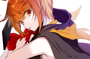 1boy :p absurdres androgynous bishounen brown_hoodie emia_(castilla) gloves hair_ornament hairpin highres hood hood_down hoodie kimi_ga_shine looking_at_viewer looking_back male_focus orange_eyes orange_hair pale_skin portrait red_gloves sleeveless sleeveless_hoodie solo tongue tongue_out toto_noel