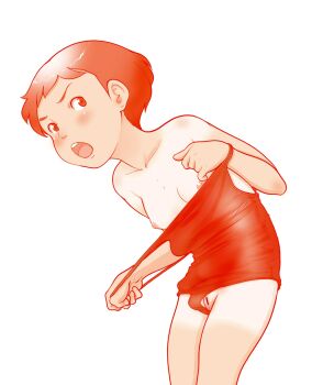 1girl bar_censor blush breasts censored cleft_of_venus clothes_pull cowboy_shot highres leaning_forward loli monochrome nipples one-piece_swimsuit_pull open_mouth pulling_own_clothes pussy red_theme riarutoruchokku short_bangs short_hair small_breasts solo tan tanline v-shaped_eyebrows webp-to-png_conversion