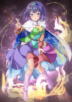 aka_tawashi blue_hair boots cape cloak cloud_print dress hairband highres multicolored_dress multicolored_hairband orange_sleeves patchwork_clothes pink_boots purple_eyes rainbow_gradient red_button short_hair sky_print tenkyuu_chimata touhou two-sided_cape two-sided_fabric white_cape white_cloak yellow_bag yellow_sleeves zipper