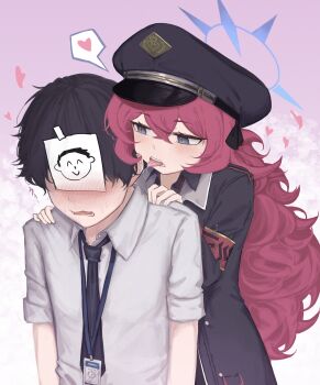 1boy 1girl absurdres ahiru_(ahahahahiru) armband assertive_female black_bow black_hair black_hat blue_archive blue_halo blue_necktie blush bow collared_shirt commentary cowboy_shot crossed_bangs doodle_sensei_(blue_archive) dress_shirt ear_licking embarrassed fluffy_hair grey_eyes hair_between_eyes halo hands_on_another's_shoulders hat hat_bow heart hetero highres id_card iroha_(blue_archive) jacket licking loli long_hair long_sleeves looking_at_another necktie nose_blush open_mouth paper_on_head peaked_cap pink_background red_armband red_hair red_jacket saliva saliva_trail sensei_(blue_archive) shirt short_hair short_sleeves simple_background slit_pupils solo_focus speech_bubble spoken_heart sweatdrop teeth tongue tongue_out twitching upper_body very_long_hair wavy_hair wavy_mouth white_shirt