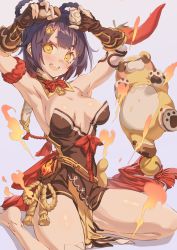 1girl armpits arms_up bare_shoulders black_leotard blush braid breasts chili_pepper dress fingerless_gloves genshin_impact gloves guoba_(genshin_impact) highleg highleg_leotard highres hxxg leotard looking_at_viewer open_mouth panda purple_hair sitting small_breasts smile thighs wariza xiangling_(genshin_impact) yellow_eyes