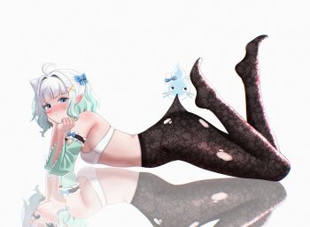 1girl absurdres andrl aqua_sleeves black_pantyhose blue_eyes blush bra breasts commentary detached_sleeves feet_up floral_print_pantyhose full_body gradient_hair green_hair hair_ornament hairclip high-waist_pantyhose highres indie_virtual_youtuber lace_pantyhose lace_pantyhose_hooked_on_heel_(meme) looking_at_viewer lying meme mint_fantome multicolored_hair no_shoes on_stomach pantyhose pointy_ears pout short_hair simple_background small_breasts solo the_pose torn_clothes torn_pantyhose triangular_headpiece two_side_up underwear virtual_youtuber wavy_hair white_background white_bra white_hair wisps_(mint_fantome) x_hair_ornament