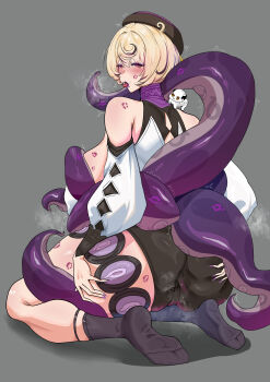 1girl absurdres ass ass_grab bare_shoulders beret black_headwear black_socks blonde_hair blush breasts cameltoe detached_sleeves feet from_behind grey_background hat highres huge_ass large_breasts looking_at_viewer looking_back no_shoes octopus_girl open_mouth purple_eyes purple_nails short_hair shorts sitting socks soles solo steaming_body tentacles thick_thighs thighs tongue tongue_out yanz2 yidhari_murphy zenless_zone_zero
