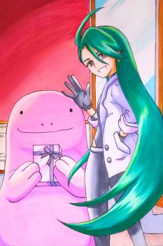 ._. 1girl ahoge alternate_color black_gloves black_pants black_shirt box bright_pupils closed_mouth commentary_request gen_2_pokemon gift gift_box gloves green_hair grey_jacket hair_between_eyes hair_down hand_in_pocket highres holding holding_box holding_gift jacket long_hair nintendo nostrils official_alternate_costume official_alternate_hairstyle open_clothes open_jacket pants pokemon pokemon_(creature) pokemon_masters_ex quagsire red_eyes rika_(palentine's_2026)_(pokemon) rika_(pokemon) shiny_pokemon shirt smile speedy_(pkh) traditional_media very_long_hair waving white_pupils