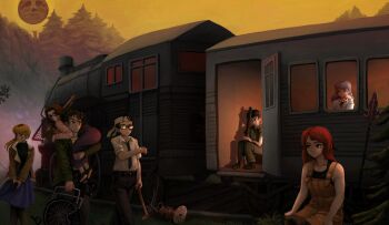 3boys 4girls abella_(fear_&amp;_hunger) absurdres bare_arms bare_shoulders black_hair black_necktie black_pants black_ribbon black_sweater blonde_hair brown_hair brown_jacket carrying carrying_person commentary facial_mark fear_&amp;_hunger_(series) fear_&amp;_hunger_2:_termina glasses green_jacket green_jumpsuit gun headband highres holding holding_gun holding_lead_pipe holding_weapon jacket jumpsuit karin_(fear_&amp;_hunger) krattking lead_pipe levi_(fear_&amp;_hunger) marcoh_(fear_&amp;_hunger) marina_(fear_&amp;_hunger) moon moon_with_face multiple_boys multiple_girls neck_ribbon necktie olivia_(fear_&amp;_hunger) overalls pants polearm purple_skirt red_hair rher_(fear_&amp;_hunger) ribbon shirt sitting skirt sky spear standing sweater tanaka_(fear_&amp;_hunger) train weapon white_headband white_shirt yellow_overalls yellow_sky