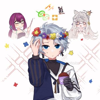 1boy 2girls commentary_request earrings fate/grand_order fate_(series) flora_(fate) flower flower-shaped_pupils food gameplay_mechanics glasses grey_hair hair_flower hair_ornament head_wreath highres holding holding_food holding_ice_cream holding_wand ice_cream jewelry long_hair monocle multiple_girls purple_hair scar scar_on_face scar_on_forehead scathach-skadi_(fate) scathach-skadi_(swimsuit_ruler)_(second_ascension)_(fate) scathach_(fate) smile sweatdrop symbol-shaped_pupils syu870f toudou_heisuke_(fate) wand