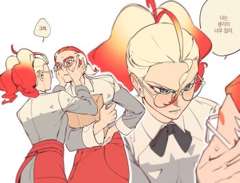 1boy 1girl apron blue_eyes blurry collared_shirt commentary_request glasses griselle_(pokemon) grisham_(pokemon) hands_on_another's_face hands_up korean_commentary korean_text leaning_forward looking_at_another multicolored_hair multiple_views nintendo pants pokemon pokemon_legends:_z-a ponytail rumong shirt speech_bubble sweat translation_request waist_apron white-framed_eyewear