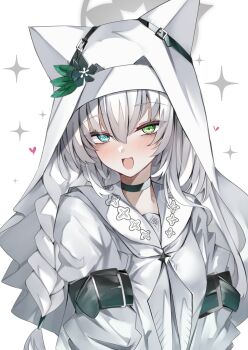 Rule 34 | 1girl, alternate color, alternate hair color, blue archive, blue eyes, braid, braided ponytail, commentary request, green eyes, grey hair, heterochromia, highres, long sleeves, looking at viewer, mari (blue archive), mutou mame, nun, open mouth, smile, solo, white background