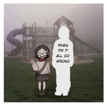 1girl 1other absurdres aged_down artist_name black-framed_eyewear black_hair black_shoes black_skirt border child closed_eyes commentary english_commentary english_text facing_viewer fog glasses grey_shirt hand_up highres long_sleeves mikuneki miniskirt open_mouth original outdoors park parted_bangs playground red_scarf riyo_kaede_(mikuneki) sandals scarf semi-rimless_eyewear shirt shoes short_hair silhouette skirt slide smile standing under-rim_eyewear v white_border