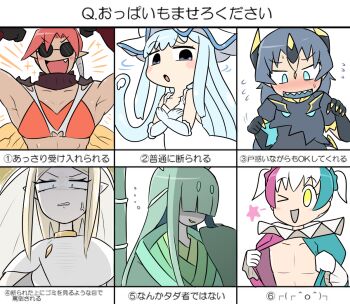1boy 5girls anger_vein belle-eloise_(kasugai_(de-tteiu)) blacephalon blonde_hair blue_eyes blue_hair blush blush_stickers buzzwole celesteela commentary emoticon fang flying_sweatdrops gen_7_pokemon green_hair guzzlord hair_over_eyes hinotake_kaguya_(kasugai_(de-tteiu)) kaomoji kasugai_(de-tteiu) kiriko_(kasugai_(de-tteiu)) morley_skeet_(kasugai_(de-tteiu)) multicolored_hair multiple_drawing_challenge multiple_girls nihilego nintendo nose_blush one_eye_closed personification pheromosa pokemon red_hair sharp_teeth sunglasses teeth tentacle_hair translated ultra_beast yellow_eyes